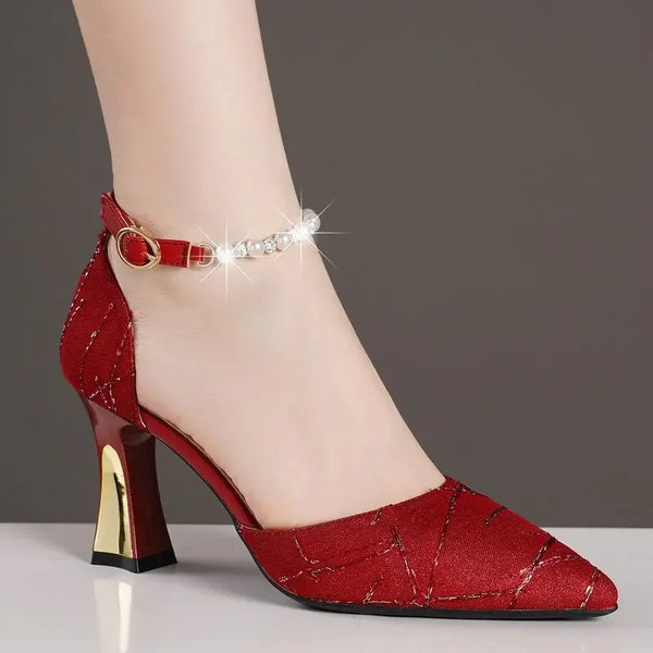 Beaded Pointed Toe Mary Jane Heels Sandals For Women