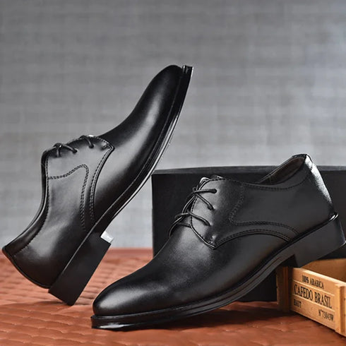 Elegant Black Leather Oxfords for Men - Formal Wedding, Party, and Office Business Shoes with Lace-Up Closure, Plus Size Available