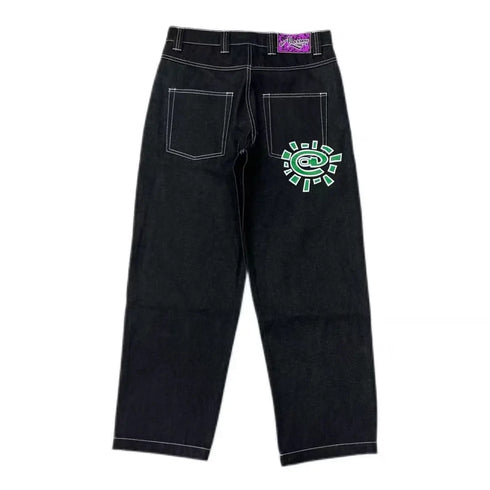 Streetwear Black Logo Print Baggy Jeans for Men and Women