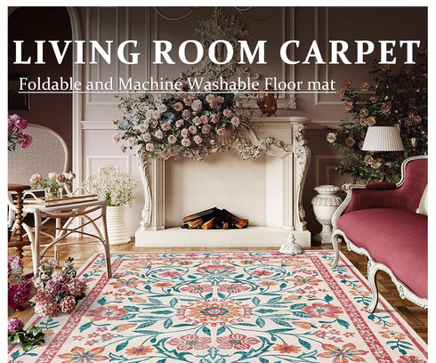 Floral Style Living Room Carpet Machine Washable Large Area Decorative Rug