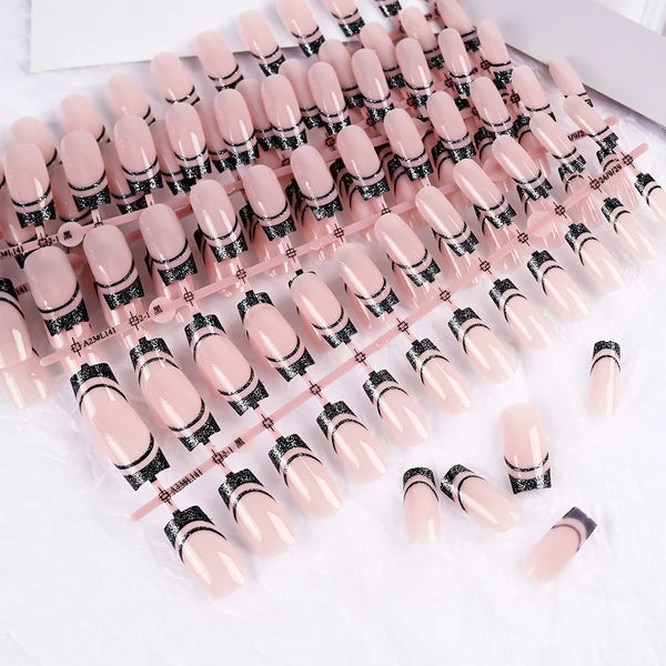 Glittery Ballerina Press On Nails - 120pcs Pink Long Square Acrylic Full Cover Fake Nail Tips for DIY Nail Art and Salon Use - Perfect for Parties and Special Occasions