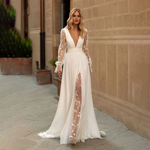 Customized Sexy Wedding Dresses Deep V Neck Long Sleeves Bridal Gowns A-Line Chiffon with Backless Lace