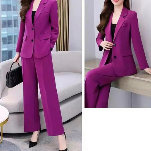 Chic Women's Formal Business Coat and Wide Leg Pants Suit Set with Lapel Button Closure and Long Sleeve Cardigan for Autumn and Winter Elegance