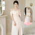 Backless Satin Sleeveless Ankle-Length Evening Dress for Bridesmaid Dress with Built-In Bra and Bow