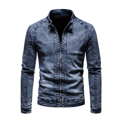 Men's Retro Slim Fit Jean Jacket with Stand Collar for Autumn and Winter - Stylish Casual Motorcycle Outerwear