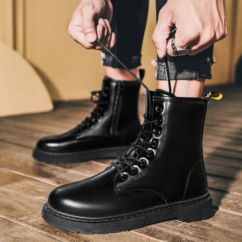 Men's Classic Leather Biker Boots - Trendy Waterproof Ankle Footwear for Autumn & Winter