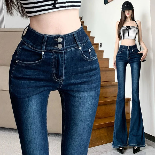 Bell Bottom Jeans High Waist Slim Fit With Elastic Waist Denim Jeans For Summer Casual