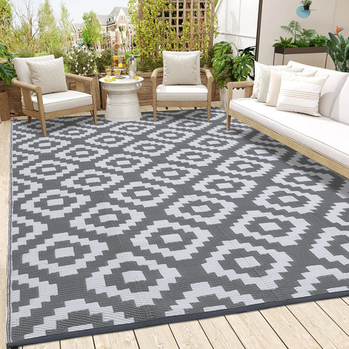 Outdoor Plastic Straw Rug Modern Geometric Waterproof Reversible Mat for Patio Porch Backyard Picnic