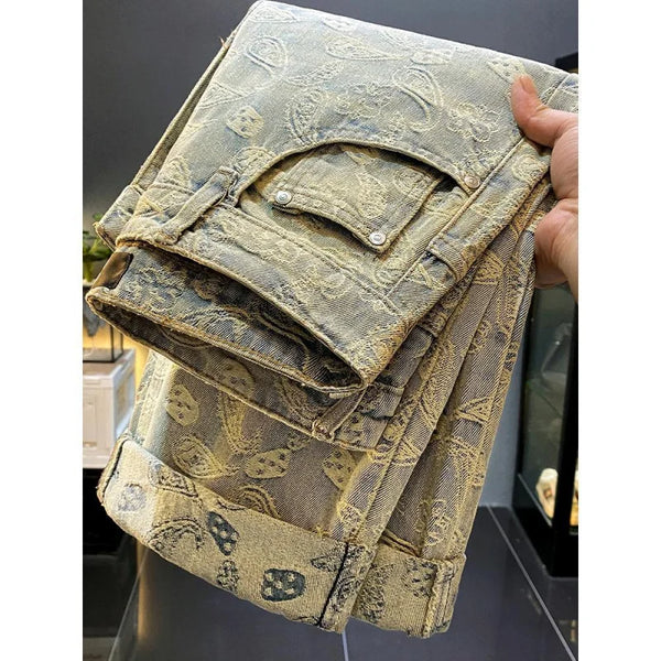 Full Print Jacquard Jeans Men's Loose Straight Casual Pants
