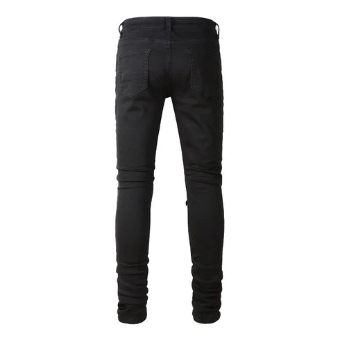 Men's Ripped Patchwork Biker Jeans - Stylish Motorcycle Streetwear Denim Trousers