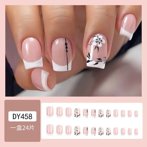 24pcs Glittering French Square Acrylic False Nails with Wavy Design - Full Cover Detachable Nail Tips for Stunning Nail Art