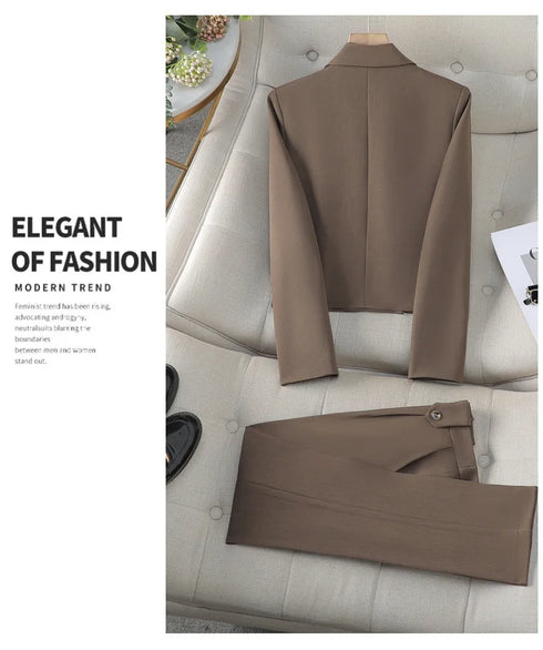 Chic Women's Office Suit Set: Long Sleeve Double Breasted Short Tops with Slim High Waisted Pencil Pants for Spring Fashion