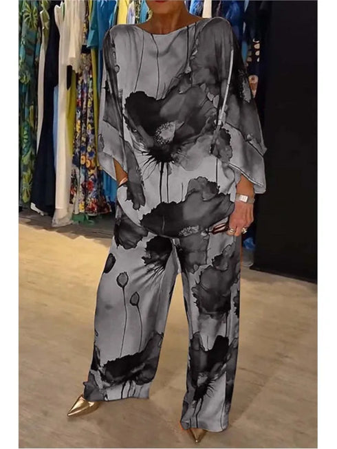 Elegant Satin Printed Two Piece Set for Women – Stylish Round Neck Top with Wide Leg Pants for Effortless Summer Outfits Inspo