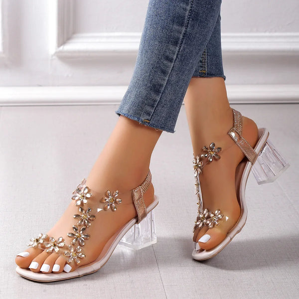 Crystal Flower Chunky Heel Sandals For Women Back Strap