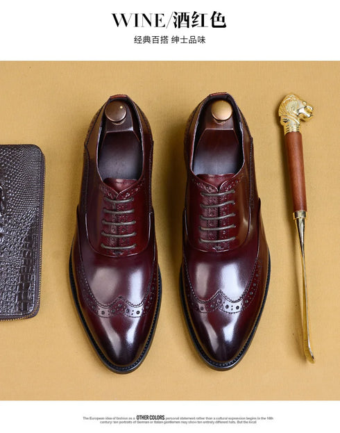 Genuine Cow Leather Brogue Oxford Shoes for Men Vintage Handmade Casual Flats