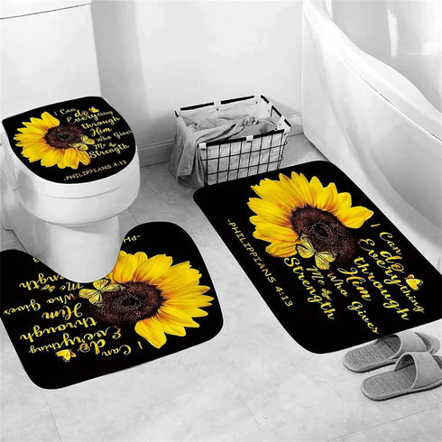 4 Piece Doormat Shower Curtain Set with Non-Slip Rugs Toilet Seat Cover and Bath Carpet for Bathroom Decor