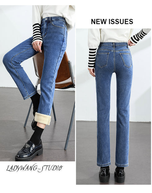 Women's Winter Fleece Warm Jeans Retro Slim Straight Denim Pants