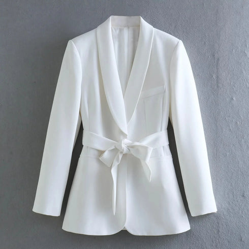 Chic Women's Office Blazer and Wide Leg Pants Set - Long Sleeve V Neck Sashes Blazer with Elastic Waist High Waist Trousers for Casual Spring/Summer Fashion