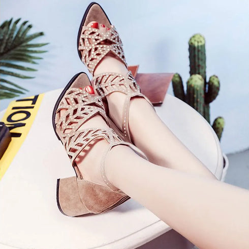 Rhinestone Faux Leather Hollow Out Thick Heel Sandals