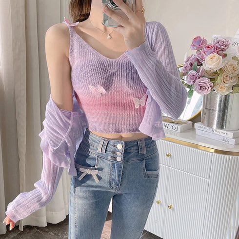 Butterfly Striped Knitted Tank Top for Women – Sweet V Neck Sleeveless Slim Camisole Perfect for Summer Outings and Cute Tops Enthusiasts