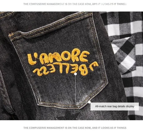 Luxury Streetwear Slim Fit Denim Jeans with 3D Embroidery Design for Casual Spring and Autumn Fashion - Perfect for Medium Wash Jeans Outfit and Punk Style