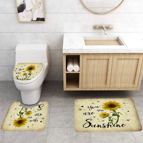 4 Piece Doormat Shower Curtain Set with Non-Slip Rugs Toilet Seat Cover and Bath Carpet for Bathroom Decor