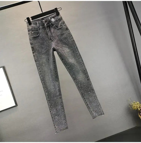 Women's Slim Fit Pencil Jeans - Casual Medium Stretch Denim Trousers with Vintage Wash & Pocket Details for Stylish Fall Outfits
