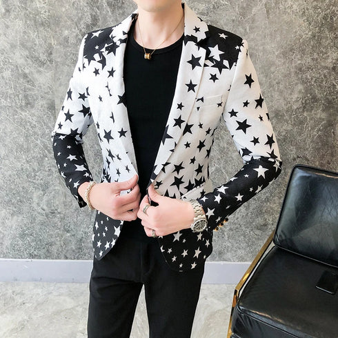 Star Print Slim Fit Men's Club Dress Groom Tuxedo Formal Wedding Prom Suit Jacket