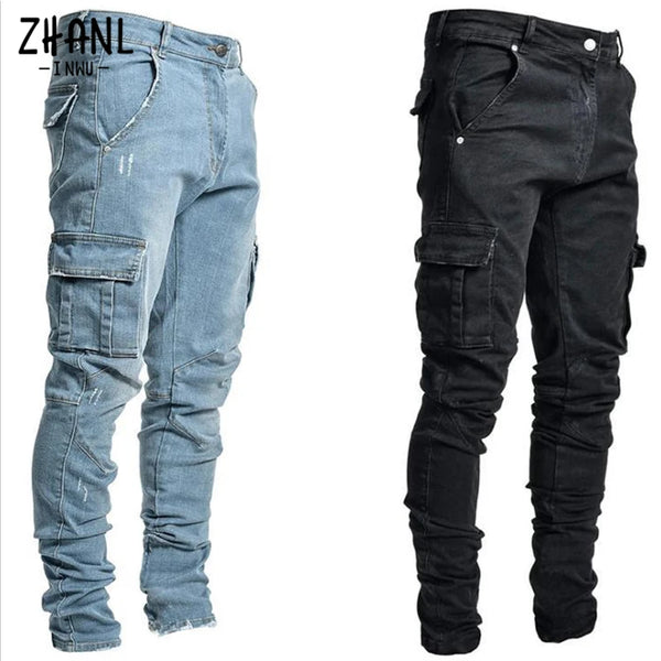 Jeans Men Pants Wash Solid Color Multi Pockets Cargo Trousers