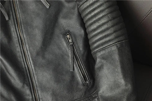 Vintage Genuine Leather Biker Jacket for Men – Slim Fit Cowhide Motorcycle Outerwear with Pockets and Embroidery Details for All Seasons
