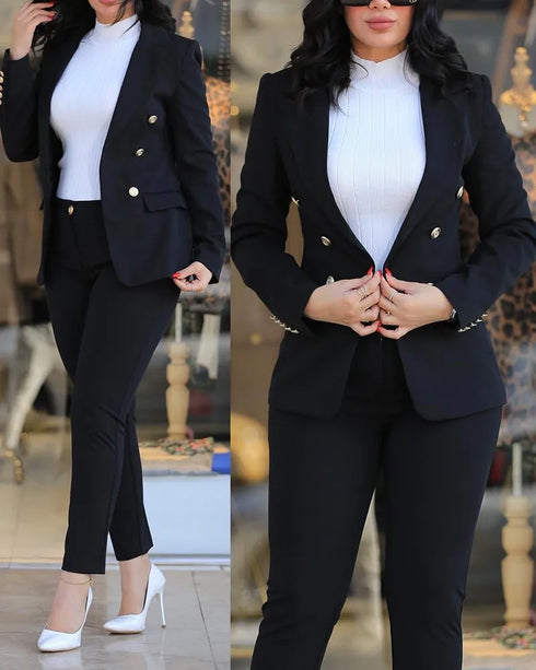 Chic Women's Long Sleeve Suit with Slim-Fit Wrap Buttock Pencil Pants – Elegant 2 Piece Office Ensemble for Autumn and Winter Fashion
