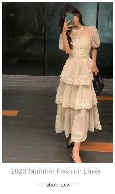 Embroidery Lace Long Cake Dress for Women Evening and Birthday Parties