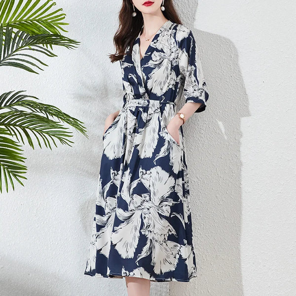 Elegant V-Neck Loose Long Mulberry Silk Dress for Women