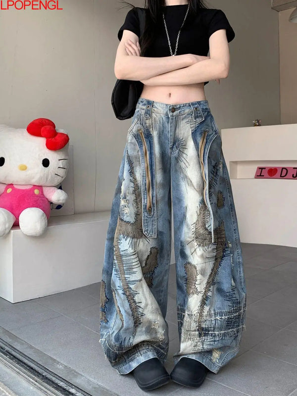 High Waist Embroidered Patchwork Jeans With Vintage Irregular Wide Leg Streetwear Style