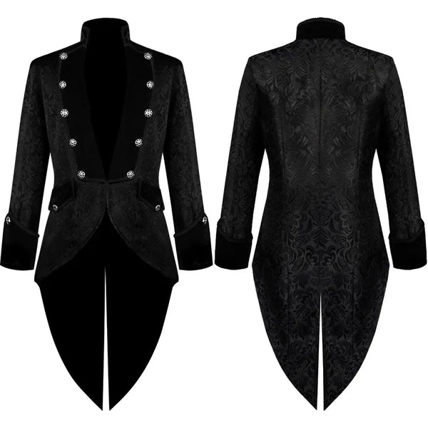Gothic Men's Steampunk Vintage Prince Tuxedo Windbreaker Coat for Medieval Renaissance Role-Playing and Partys – Exquisite Victorian Edwardian Jacket with Floral Appliques and Turtleneck Design