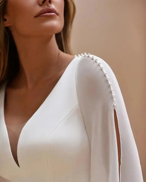 Customized Wedding Dresses for Bride Long Sleeves V Neck Simple Bridal Gown with Pearls