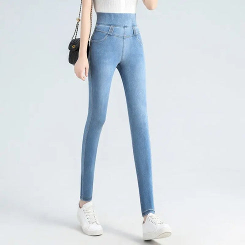 Korean Casual Plus Size Skinny Denim Jeans for Women - High Waist Pencil Pants Perfect for Spring and Autumn Streetwear, Featuring Pockets and Slight Stretch - Ideal for Stylish Fall Outfits with Jeans