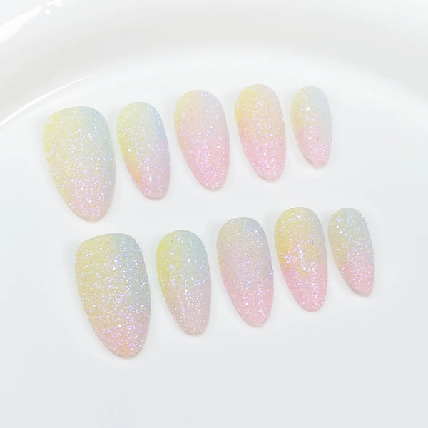 Glamorous 10pcs Handmade Press-On False Nails with Shiny Powder Gradient Finish - Wearable Almond-Shaped Nail Tips for Stylish Girls and Parties