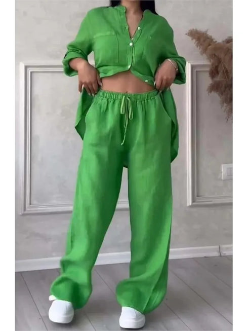 Chic Casual Women's Two Piece Set: Long Sleeve Pocket Shirt and Wide Leg Pants for Effortless Spring/Summer Style - Perfect Summer Outfits Inspo for the Modern Office Lady