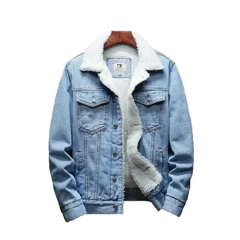 Men's Slim Fit Denim Jacket with Warm Padding - Stylish Padded Jeans Coat for Winter Casual Wear, Featuring Detachable Lower Edge and Turn-down Collar