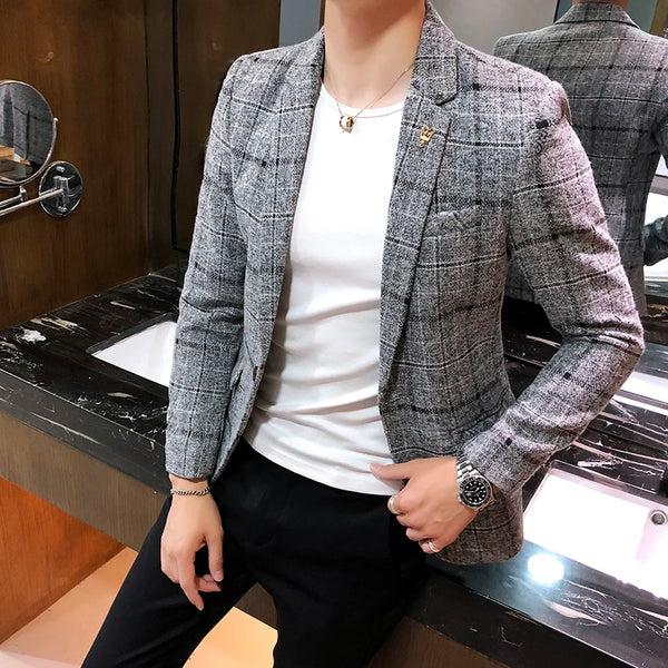 Casual Plaid Linen Business Suit Jacket for Men - Wedding Party Coat S-5XL