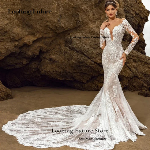 Customized Mermaid Long Sleeve Wedding Dress with Lace Appliques and Deep V-Neck Design