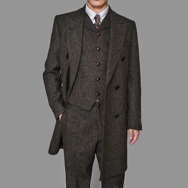 Men's Slim Fit Herringbone Tweed Wool Suit Set - Blazer, Vest & Pants for Groomsmen