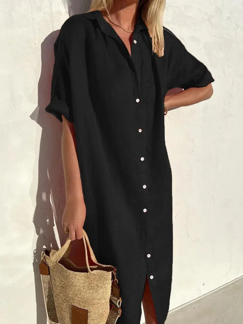 Women's Elegant Summer Shirt Dress Loose Fit Cotton Linen with Pockets