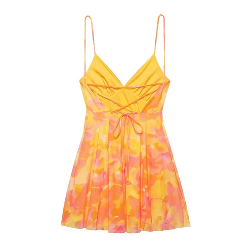 TRAF Women's Vacation Style Printed Silk Mesh V Neck Halter Mini Dress