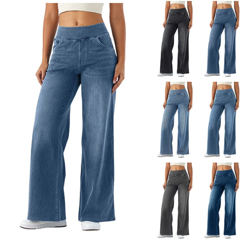 Wide Leg Pants For Women Baggy Silhouette Elastic Waist High Waist Stretch Casual Trousers Soft Fabric