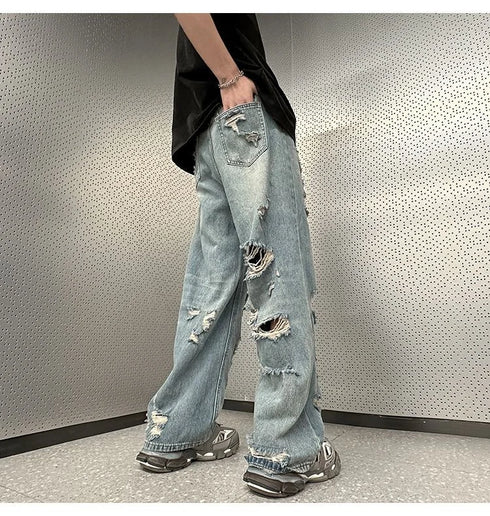 High Street Ripped Jeans Men's Clothing Wide Leg Trousers