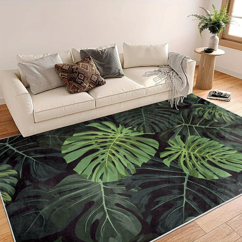 Tropical Dark Green Leaves Pattern Living Room Area Rug Washable Indoor Floor Mat Decor