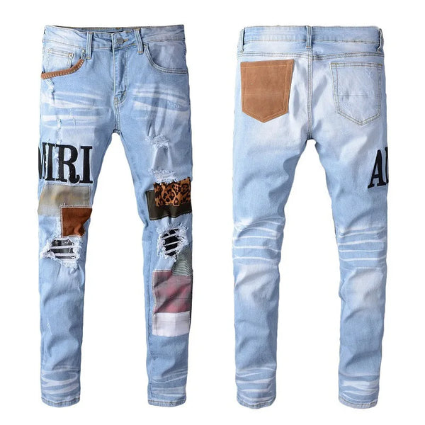 Fashion Embroidery Patchwork Jeans Men Slim Fit Designer Jeans