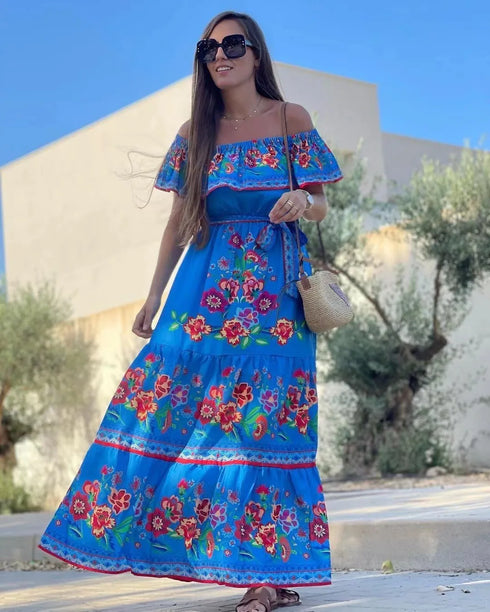 Elegant One-shoulder Short-sleeved Dress For Women Fashion Splicing Floral Print Dresses